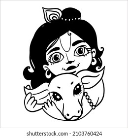 Vector illustration linear drawing doodle cute kind little portrait of Krishna Gopal hugs a calf. Simple stylized drawing. Children's character. 