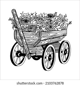 Vector illustration of a linear drawing doodle wooden cart with beautiful summer flowers. Provence village romance.
Simple stylized drawing. 