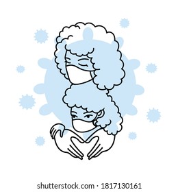 Vector illustration of a linear drawing of a family wearing masks to protect against the virus.
Line drawing on the theme of quarantine and pandemic on a white background.