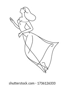 Ilustración vectorial. Dibujo lineal. Dibujo de líneas. Chica. Mujer joven. Inspiración. Chica voladora. Milagro. Cuerpo delgado. Vestir. Dibujado a mano. Carácter. Negro sobre blanco.