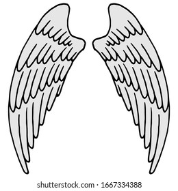 vector illustration, linear drawing of a pair of wings in black and white, isolate, design elements, doodle style