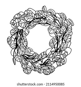 vector illustration, linear drawing round wreath of eucalyptus branches