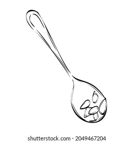 Vektorgrafik. Lineare Zeichnung eines Löffels für Lebensmittel. Löffel mit Kürbiskernen. Herbstmotiv. Cutlery. Kochlöffel.