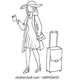 vector illustration, linear drawing, woman with passport, travel, suitcase, isolate on a white background