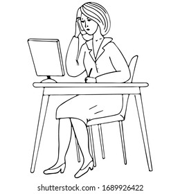 vector illustration, linear drawing, woman at desk, manager, work from home, isolate on a white background