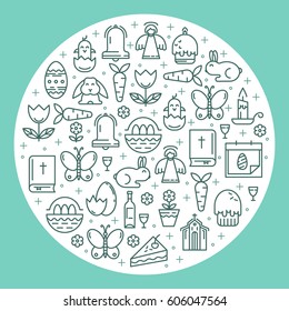 Vector illustration in the linear fashion of the various symbols of Easter. Rabbit, egg, Bible, candle. Happy Easter poster.