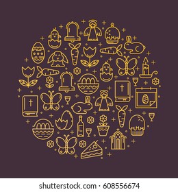 Vector illustration in the linear fashion of the various symbols of Easter. Rabbit, egg, Bible, candle. Happy Easter poster.