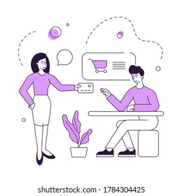 Vector illustration of linear female customer giving credit card to male manager and paying for goods while making purchases in store