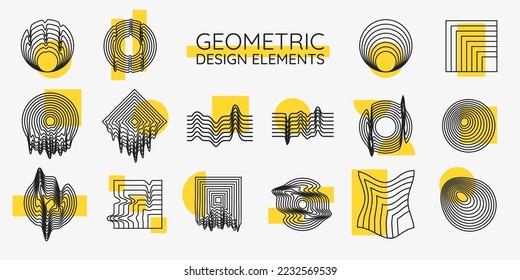 Ilustración vectorial. Elementos lineales de diseño plano para póster, portada de libro, marco, tarjeta de regalo. Formas minimalistas simples. Patrón ondulado de arte de línea. Diseño de decoración geométrica. Colores de moda negros y amarillos