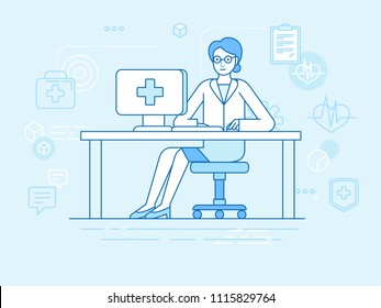 Vector illustration in linear flat style and blue colors - online and tele medicine concept -  online consultation with doctor -man sitting at the desk with computer 