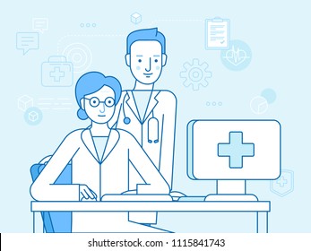 Vector illustration in linear flat style and blue colors - online and tele medicine concept -  online consultation with doctor -woman sitting at the desk with computer 