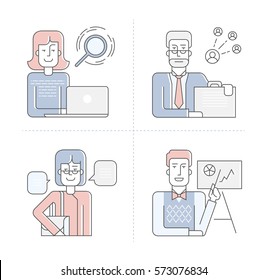 Vector illustration in linear flat style. Outline characters of businessmen, businesswoman, hr manager with infographic elements