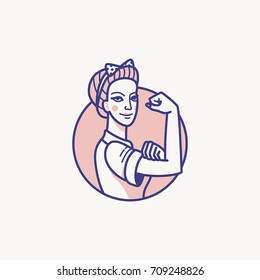 Vector illustration in linear flat style - feminism concept - we can do it - girl showing fist - symbol of female power and woman rights - Shutterstock ID 709248826