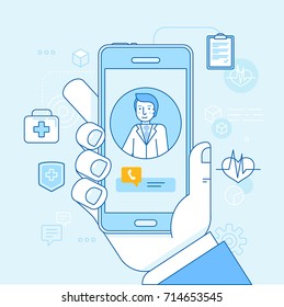 Vector illustration in linear flat style and blue colors - online and tele medicine concept - hand holding mobile phone with app for healthcare - online consultation with doctor