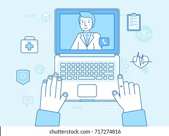 Ilustração vetorial em estilo plano linear e cores azuis - conceito de medicina on-line e tele - laptop com aplicativo para cuidados de saúde - consulta on-line com médico