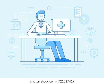 Ilustração vetorial em estilo plano linear e cores azuis - conceito de medicina on-line e tele - consulta on-line com médico - homem sentado na mesa com computador