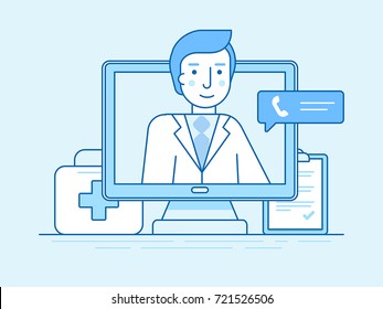 Vector illustration in linear flat style and blue colors - online and tele medicine concept - laptop with app for healthcare - online consultation with doctor