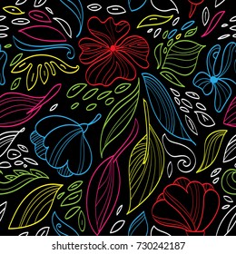 Vector illustration. Linear floral seamless pattern. Hand draw plants.