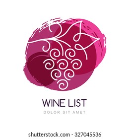 Vector illustration of linear grape vine in watercolor circle splash. Logo design template. Concept for organic products, harvest, healthy food, wine list, menu.


