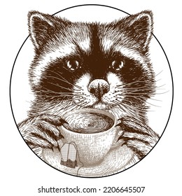 Vector illustration linear graphic raccoon with a cup of tea