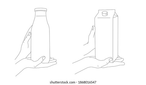 Vector Illustration Linear, Hand Holding Bottle Of Milk, Hand Hold Tetrapack Of Milk Or Juice, Hand Drawn Line Sketch, Advertising Presentation Show