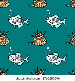 vector illustration linear hand-drawn outline with color seamless pattern the seabed and its inhabitants cute funny fishes and shells on a blue-green background