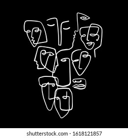 Vector illustration of linear hand-drawn stylized human heads.
