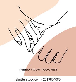 Vector illustration : linear hands in touch on pastel beige pink abstract spots. Square.  Line art and flat design for card , poster, print , wall decor about relationships, tenderness, love.