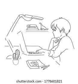 vector illustration linear home schooling. Boy schoolchild sits at the computer and does homework. Children's drawings and pencils are on the table. Line drawing on a white background. 