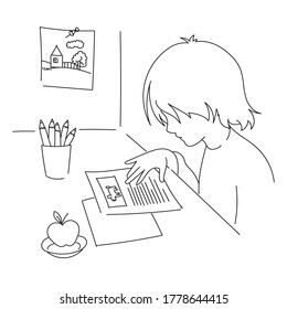 vector illustration linear home schooling. Boy child sits at the table and does homework. Linear drawing on a white background.