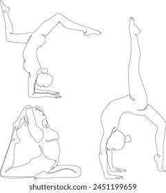 vector illustration, linear image of a young athletic woman, girl doing gymnastics, contour drawing, one line, yoga, sport, stretching