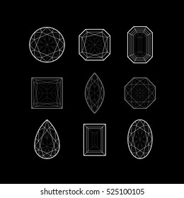 Ilustración vectorial de joyas lineales. Conjunto de piedras preciosas de contorno sobre fondo negro.