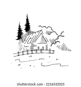 vector illustration linear landscape with house on white background 