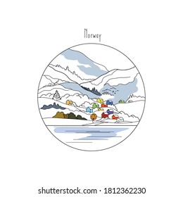 vector illustration linear landscape of norway on white background. landscape in minimalist sketch style. The figure shows forest trees, mountains and color houses