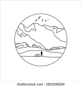 Ilustración vectorial paisaje lineal sobre fondo blanco en un diseño de círculo. Paisaje en estilo de esbozo minimalista. Viaje en bicicleta