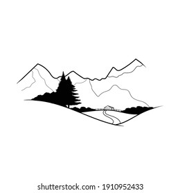 vector illustration linear landscape on white background. landscape in minimalist sketch style. The figure shows forest trees, mountains and a wooden house