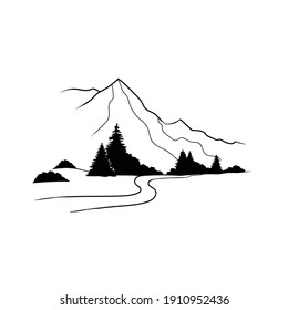 vector illustration linear landscape on white background. landscape in minimalist sketch style. The figure shows forest trees, mountains and a wooden house