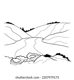 vector illustration linear landscape on white background. landscape in minimalist sketch style. The figure shows forest trees and stones