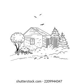 Vektorgrafik, lineare Landschaft auf weißem Hintergrund. Landschaft im minimalistischen Skizzenstil. Die Abbildung zeigt Bäume und Dorfhaus