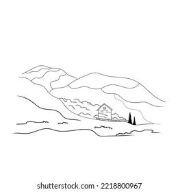 ilustración vectorial paisaje lineal sobre fondo blanco. paisaje en estilo de bosquejo minimalista con árboles forestales, montañas y casa