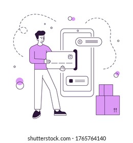 Ilustración vectorial de un cliente macho lineal que inserta tarjeta de crédito en un smartphone moderno mientras pide entrega de bienes en aplicación de tienda online. Ilustración de estilo plano, diseño de arte de línea delgada