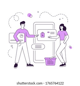 Vector illustration of linear man with credit card and woman with basket choosing merchandise with discount on smartphone during sale in online shop. Flat style illustration, thin line art design
