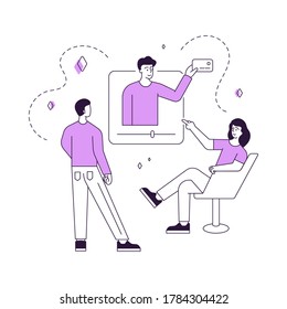 Vector illustration of linear man and woman watching video with advertisement of credit card and banking services in internet together