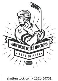 vector illustration of a linear monochrome sports logo with a character in a hockey player uniform on a white background