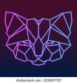 Vector illustration of a linear neon glowing muzzle face of a wild forrest cat purple pink blue color isolated on dark background. 
