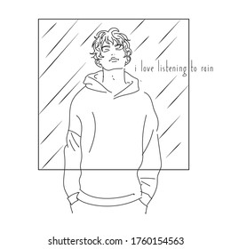 vector illustration linear outline hand guy listens to rain outside the window