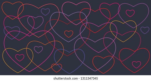 vector illustration of linear outlined randomly intersecting neon hearts on dark background
