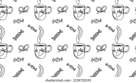 Vector illustration Linear pattern with a cup of tea sweets and pretzel
