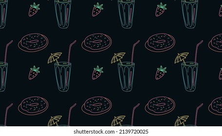 Vector illustration Linear pattern with neon donuts with sprinkles cocktail with umbrella 