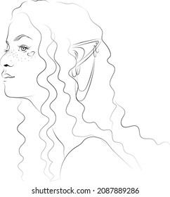 Vector illustration. Linear portrait of a beautiful young elf girl hand-drawn and isolated. Suitable for printing on printing products, wallpaper, household items, banners, magazines.